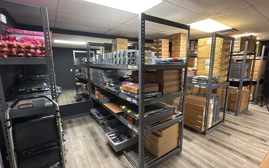 Bench and spares area where units are inspected before put-away