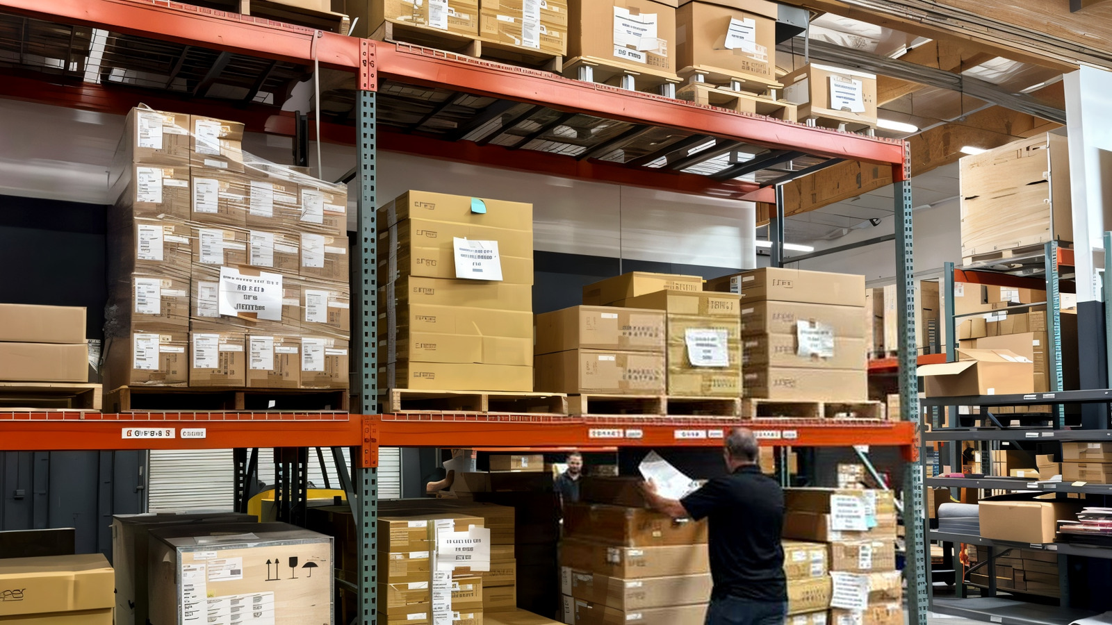A member of our Las Vegas warehouse team wrapping pallets of boxed network hardware for dispatch
